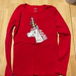 Osh Kosh size 10 red long sleeved unicorn shirt. “This is my happy place”